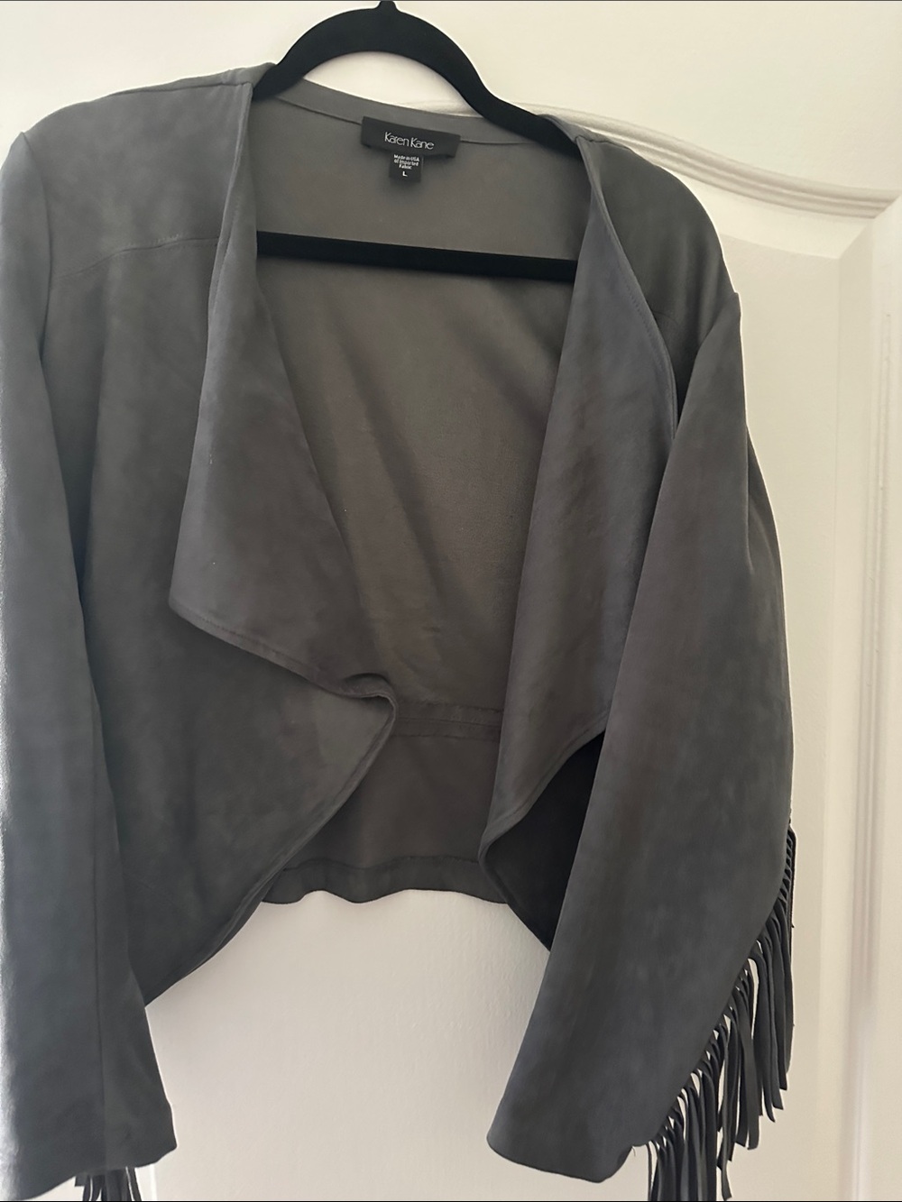 Karen Kane Gray Suede Fringe Large Boho Open-Front Jacket